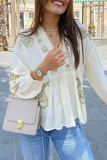 Flowers Embroidered Contrast V Neck Tops