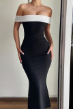 Sexy Solid Color Contrast Off Shoulder One Step Skirt Dresses
