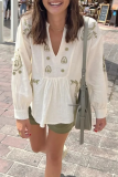 Flowers Embroidered Contrast V Neck Tops