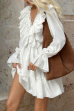 Daily Elegant Solid Color Lace Up Ruffle V Neck A Line Dresses
