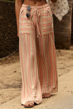 Casual Daily Striped Print Pocket Lace Up Loose Straight Full Print Bottoms