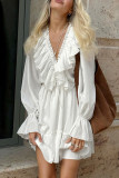 Daily Elegant Solid Color Lace Up Ruffle V Neck A Line Dresses