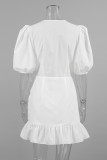 Casual Daily Solid Color Draw String Ruffle Ruched V Neck A Line Dresses