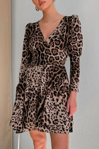 Elegant Leopard Print Patchwork V Neck A Line Dresses