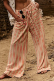 Casual Daily Striped Print Pocket Lace Up Loose Straight Full Print Bottoms