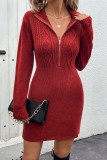 Casual Solid Color Zipper Weave Zipper Collar Wrapped Skirt Dresses