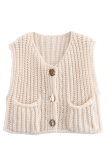 Casual Daily Solid Color Pocket Buttons Weave O Neck Tops