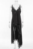 Sexy Street Solid Color Lace Irregular V Neck Sling Dresses