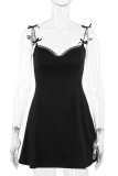 Sexy Party Solid Color Lace Bow Decor V Neck Sling Dresses