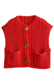 Casual Daily Solid Color Pocket Buttons Weave O Neck Tops