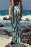 Casual Daily Striped Print Pocket Lace Up Loose Straight Full Print Bottoms