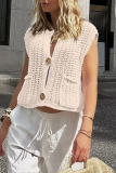 Casual Daily Solid Color Pocket Buttons Weave O Neck Tops
