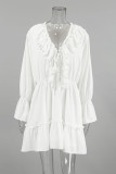 Daily Elegant Solid Color Lace Up Ruffle V Neck A Line Dresses