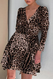 Elegant Leopard Print Patchwork V Neck A Line Dresses