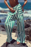 Casual Daily Striped Print Pocket Lace Up Loose Straight Full Print Bottoms