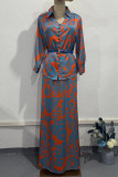 Celebrities Elegant Gradient Print With Belt Contrast Turndown Collar Nine Points Sleeve Two Pieces