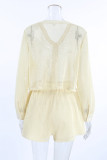 Casual Vacation Solid Color Hollow Out Buckle See-Through V Neck Long Sleeve Two Pieces