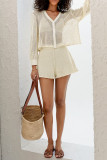 Casual Vacation Solid Color Hollow Out Buckle See-Through V Neck Long Sleeve Two Pieces