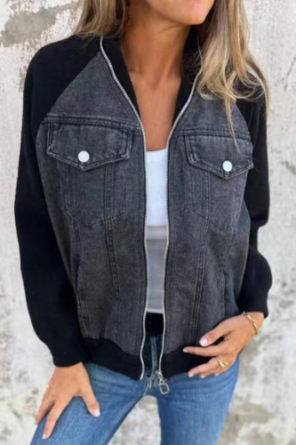 Casual Solid Color Patchwork Zipper Contrast Turndown Collar Outerwear