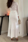 Elegant Solid Color Lace Up Buttons Turndown Collar Long Sleeve Two Pieces