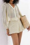 Casual Vacation Solid Color Hollow Out Buckle See-Through V Neck Long Sleeve Two Pieces