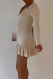 Celebrities Elegant Solid Color Buckle Ruffle Contrast Turndown Collar Wrapped Skirt Dresses