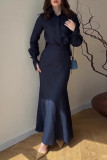 Elegant Solid Color Lace Up Buttons Turndown Collar Long Sleeve Two Pieces