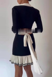 Celebrities Elegant Solid Color Buckle Ruffle Contrast Turndown Collar Wrapped Skirt Dresses