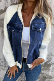 Casual Solid Color Patchwork Zipper Contrast Turndown Collar Outerwear