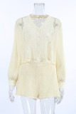 Casual Vacation Solid Color Hollow Out Buckle See-Through V Neck Long Sleeve Two Pieces