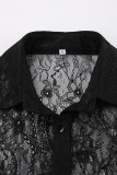 Sexy Solid Color Lace Buttons See-Through Turndown Collar Tops