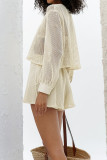 Casual Vacation Solid Color Hollow Out Buckle See-Through V Neck Long Sleeve Two Pieces