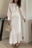 Elegant Solid Color Lace Up Buttons Turndown Collar Long Sleeve Two Pieces