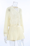 Casual Vacation Solid Color Hollow Out Buckle See-Through V Neck Long Sleeve Two Pieces