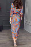 Celebrities Elegant Gradient Print With Belt Contrast Turndown Collar Nine Points Sleeve Two Pieces