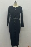 Daily Elegant Buckle O Neck Long Sleeve Two Pieces