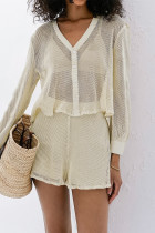 Casual Vacation Solid Color Hollow Out Buckle See-Through V Neck Long Sleeve Two Pieces