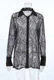 Sexy Solid Color Lace Buttons See-Through Turndown Collar Tops