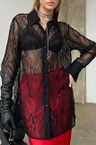 Sexy Solid Color Lace Buttons See-Through Turndown Collar Tops