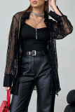 Sexy Solid Color Lace Buttons See-Through Turndown Collar Tops