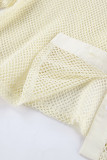 Casual Vacation Solid Color Hollow Out Buckle See-Through V Neck Long Sleeve Two Pieces
