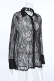 Sexy Solid Color Lace Buttons See-Through Turndown Collar Tops