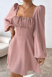Elegant Solid Color Lace Up Ruched Square Neck A Line Dresses