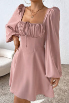 Elegant Solid Color Lace Up Ruched Square Neck A Line Dresses