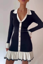 Celebrities Elegant Solid Color Buckle Ruffle Contrast Turndown Collar Wrapped Skirt Dresses