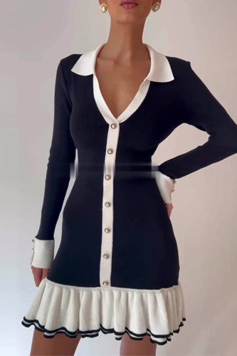 Celebrities Elegant Solid Color Buckle Ruffle Contrast Turndown Collar Wrapped Skirt Dresses