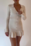 Celebrities Elegant Solid Color Buckle Ruffle Contrast Turndown Collar Wrapped Skirt Dresses