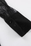 Sexy Solid Color Lace Buttons See-Through Turndown Collar Tops