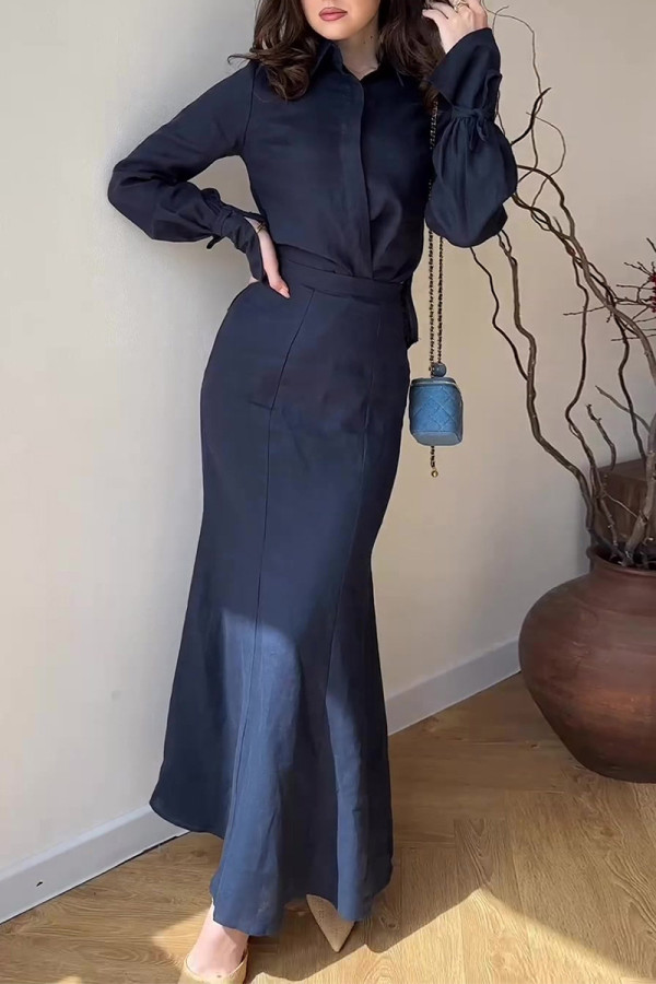 Elegant Solid Color Lace Up Buttons Turndown Collar Long Sleeve Two Pieces