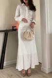 Elegant Solid Color Lace Up Buttons Turndown Collar Long Sleeve Two Pieces